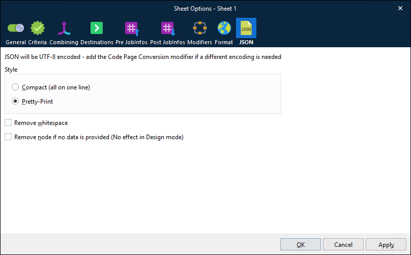 The JSON tab in the Sheet Options window for a JSON form.